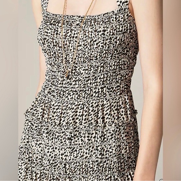 J. Crew Black and White Smocked Midi Dress with Tiered Skirt spots - Picture 3 of 6